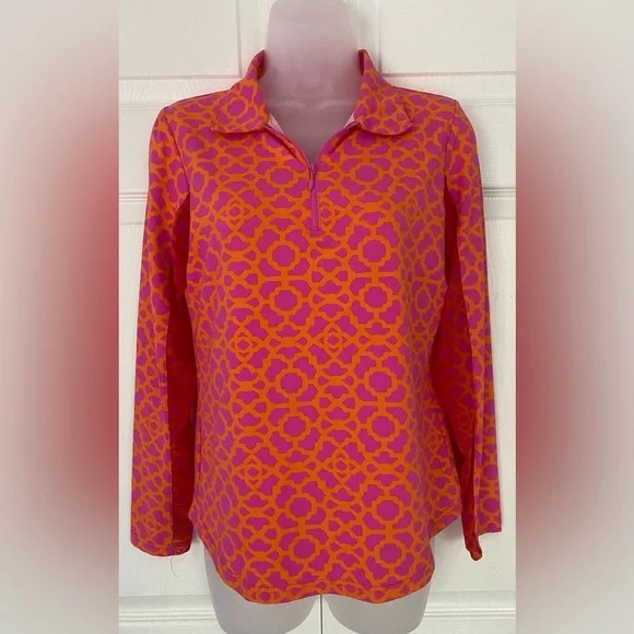 Icikuls UPF 50+ mock neck 1/4 zip top pink orange mosaic long sleeve Size Small - Picture 1 of 12